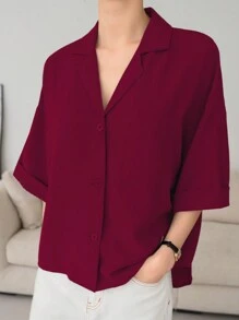 DAZY Summer Casual Loose Fit Solid Color Oversized Shirt - Burgundy - View 5