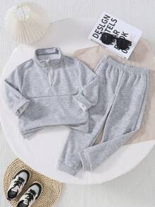 2 件年轻女孩休闲灰色半拉链运动衫和运动裤套装，适合春秋冬季的百搭舒适服装 - 彩色 - 查看 1