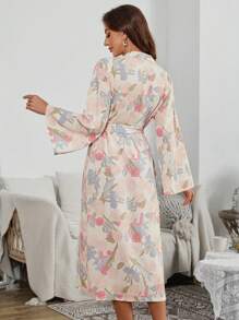 Serenescape 大花卉图案女士浴袍，奢华家居服，舒适优雅细节，秋冬必备 - 彩色 - 查看 2