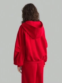 Ontre Oversized Hoodie With Zipper, Long Sleeve, Red Fall Women Clothes,Cotton - Red - View 8