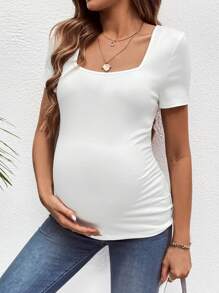 SHEIN 3pcs Maternity Casual Simple Black White & Gray Square Neck Short Sleeve Fitted Pregnancy Tops, Summer