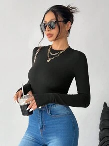 SHEIN PETITE Half Turtleneck, Small Turtleneck, High Elastic Knitted Thermal Lined Composite Velvet Long-Sleeved Women's T-Shirt, Suitable For Keeping Warm In Autumn And Winter.