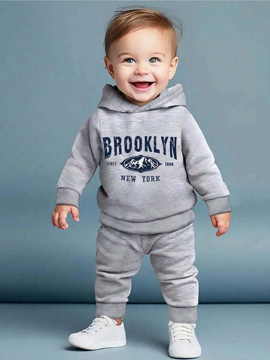 男婴 2 件套休闲标语字母印花连帽运动衫和运动裤套装 - 灰色 - 查看 1