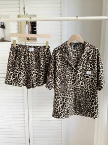 Comfortcana Plus Size Women Leopard Print Patch Short Sleeve Top And Shorts Suit, Spring/Summer,Holiday Outfits Animal Print Two Pieces Shorts Set Two Pieces Short Sets For Women