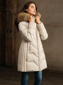 Anewsta Áo khoác lông dày có thể tháo rời dài vừa phải và có mũ trùm đầu cho nữ, mùa đông - Màu be - Xem 7