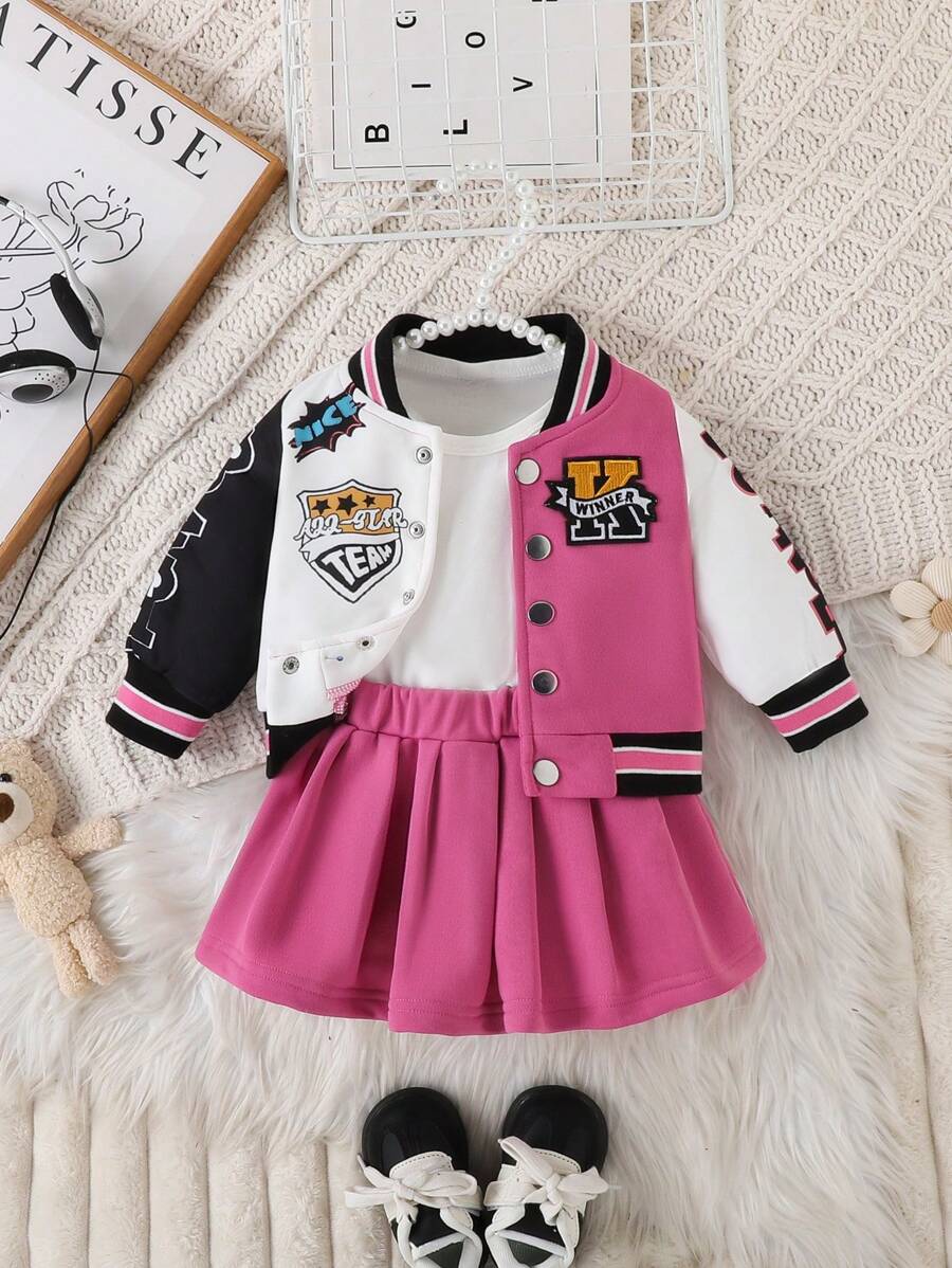2pcs Baby Girls' Casual Baseball Jacket And Pleated Skirt Outfit, Spring And Autumn - Hot Pink - View 1