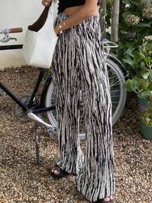 DAZY Women's Textured Fabric Zebra Print Straight Leg Elastic Waist Pants Boho,Ruffle - Black and White - View 1