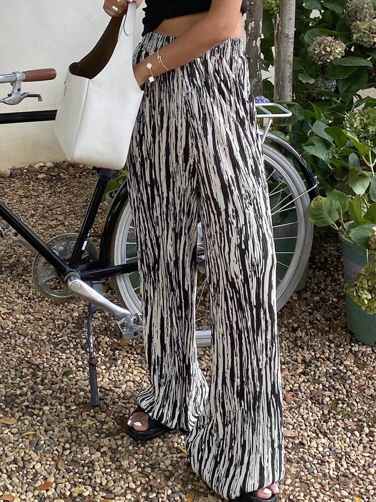 Women's Textured Fabric Zebra Print Straight Leg Elastic Waist Pants Boho,Ruffle