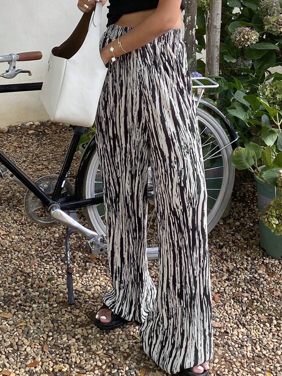 DAZY Women's Textured Fabric Zebra Print Straight Leg Elastic Waist Pants Boho,Ruffle - Black and White - View 1