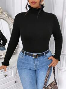 Calvaya Plus Size Women Solid Color Ruffle Collar Mock Neck Thermal Lined Thick Fitted Long Sleeve Sweater - Black - View 5