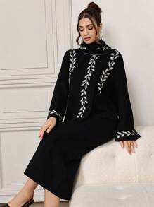 Modelyn Conjunto elegante de vestido de manga larga con escote de ojo de cerradura y estampado floral con detalle calado y bufanda a juego, Vestidos de suéter ajustados elegantes para uso casual diario/fiesta - Blanco y Negro - Ver 8