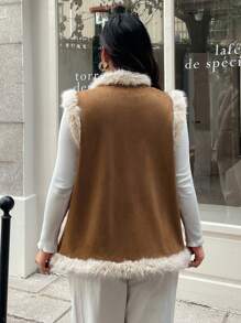 Vionelle Embroidered Patchwork With Furry Collar Retro Jacket, Plus Size, Autumn/Winter Fall - Brown - View 2