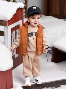 SHEIN 3 sztuki/zestaw chłopięcy ciepły jednolity kolor polarowa kamizelka, bluza z kapturem, zestaw długich spodni na jesień i zimę, odpowiedni na zewnątrz, narciarstwo