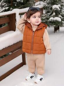 SHEIN 3 sztuki/zestaw chłopięcy ciepły jednolity kolor polarowa kamizelka, bluza z kapturem, zestaw długich spodni na jesień i zimę, odpowiedni na zewnątrz, narciarstwo