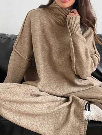 Cévolie 2 件套女士纯色立领落肩长袖毛衣和针织阔腿裤套装，秋冬