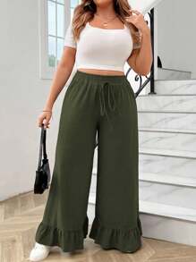 Calvaya Plus Size Vrouwen Effen Kleur Taille Strik Ruffle Zoom Losse Wijde Pijpen Broek