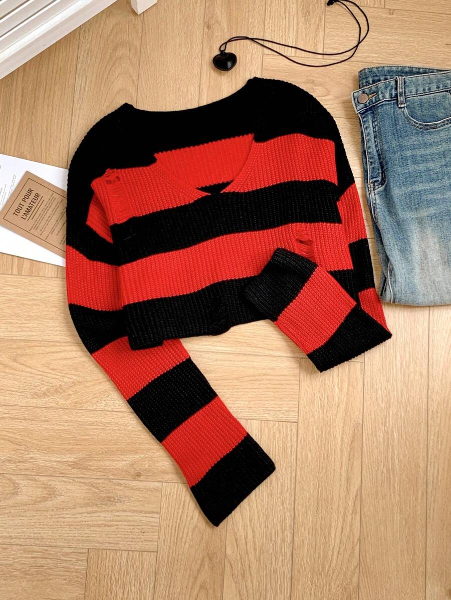 Comfortcana Suéter de punto roto con rayas rojas y negras nuevo para mujer - Negro - Ver 1