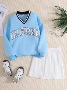 SHEIN Teen Girls Preppy Campus Outfit V-Neck Contrast Color Collar Letter Print Oversized Sweatshirt & White Pleated Mini Skirt Casual 2Pcs Set - Blue and White - View 7