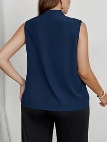SHEIN Privé 大码纯色无袖前系带休闲衬衫 - 藏蓝色 - 查看 2