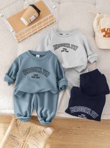 SHEIN 6 Stücke/Set Baby Jungen/Mädchen Lässig set aus Langarm Sweatshirt mit Schriftdruck und Hose mit elastischem Bund, geeignet für Zuhause und Outdoor Tragen im Herbst und Winter