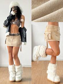 SHEIN EZwear Falda vaquera con cinturón tejido de estilo callejero y lavado personalizado, un imprescindible para las damas de moda - Marrón - Ver 5