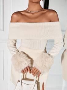 SHEIN SXY 秋季；女士春秋季纯色拼接毛绒袖口露肩修身时尚上衣，适合外出穿着，优雅百搭，适合日常约会、夜店、派对和新年活动；新年 - 杏色 - 查看 4