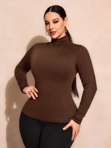 SHEIN SXY Plus Size Solid Color Slim Fit High-Necked Long Sleeve All-Match T-Shirt Basic Tees Fall - Brown - View 1
