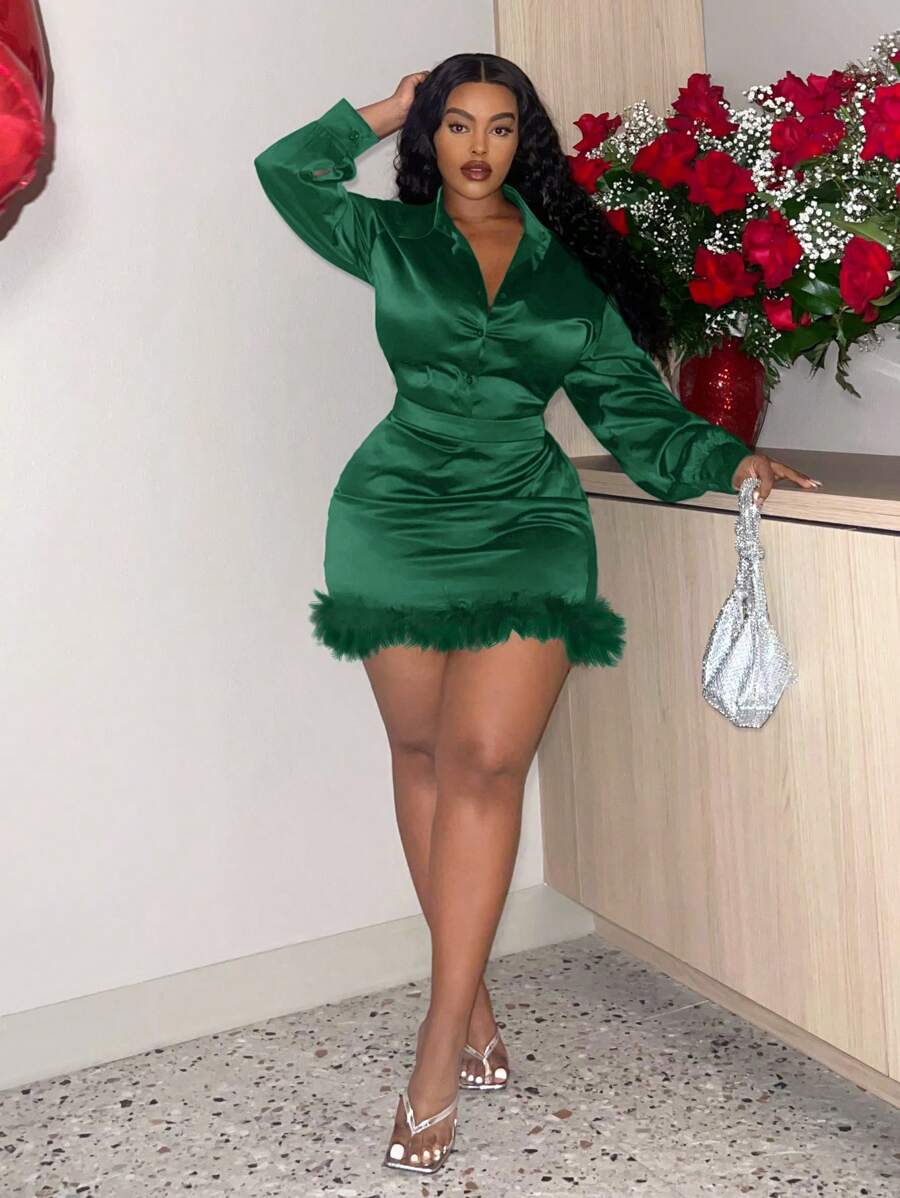 Slaydiva Bộ 2 chiếc áo sơ mi dài tay màu trơn cỡ lớn cho nữ và chân váy midi viền chắp vá, xuân hè, đông - màu xanh lá - Xem 1