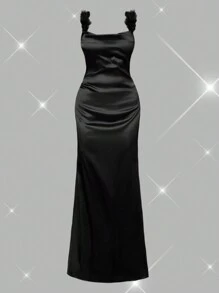 SHEIN Belle Shein Belle Women's Ball Solid Color Off-Shoulder Evening Dress, Shoulder Straps Are Sewn With Fur Strips, Comfortable, Simple And Fashionable, Elegant Prom Semi Formal Dress, For Birthday, Wedding Guest, Graduation Homecoming