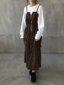 FRIFUL 女式夏季豹纹系腰长款休闲吊带连衣裙，返校服 - 棕色 - 查看 7