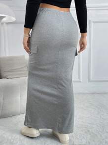 SHEIN EZwear Váy dài thường ngày có túi hộp màu trơn cỡ lớn cho nữ - Xám - Xem 2