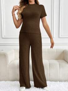 SHEIN 2 件孕妇纯色短袖衬衫和领带腰裤休闲套装，春夏 - 咖啡棕 - 查看 6