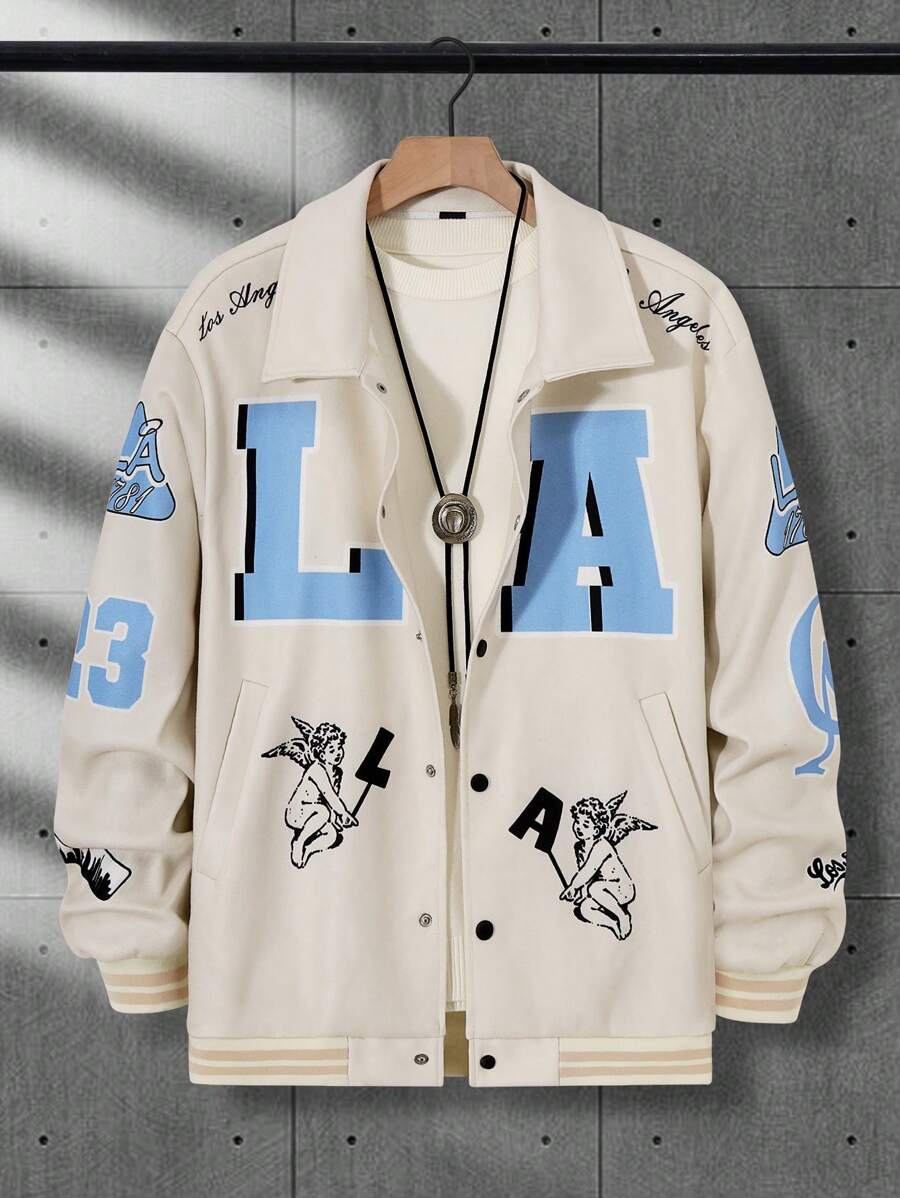 Manfinity Campus Court Men's Button Front Long Sleeve Letter Print Pocket Casual Jacket - Multicolor - View 1