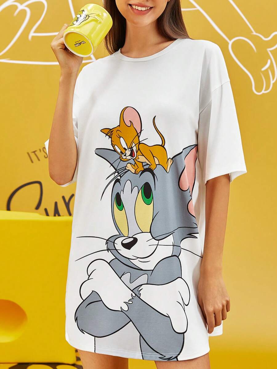 TOM & JERRY X SHEIN 女士卡通印花超大宽松睡袍，可爱白色睡裙 - 白色 - 查看 1