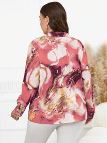 SHEIN Clasi 大码花卉印花纽扣长袖休闲衬衫 - 粉色 - 查看 2