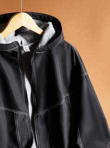 SHEIN Áo khoác hoodie có lớp lót nhiệt màu tương phản thường ngày dành cho bé trai tuổi teen, thích hợp cho mùa thu, đông, ấm áp, thường ngày, hàng ngày, thể thao, tiệc sinh nhật, đi chơi, phối đồ, đơn giản, sang trọng - màu đen - Xem 5