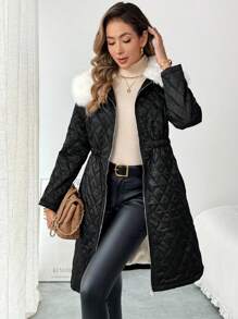 SHEIN Clasi Abrigo acolchado ajustado para mujer con forro térmico, cuello esponjoso, parches, bolsillo con cremallera, para otoño/invierno - Negro - Ver 7