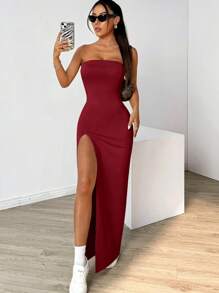 SHEIN EZwear Sukienka damska w jednolitym kolorze z wysokim rozcięciem i bez ramiączek - Burgund - Zobacz 8