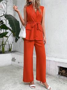 Chiquease 2pcs/Set Solid Color Vest Blazer Jacket And Pants Elegant Suit Set - Orange - View 5