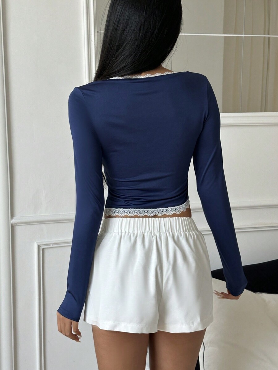 SHEIN CovetEZ Women's Tight Lace Bow Long Sleeve TShirt, Comfortable