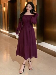 DAZY 女士露肩开衩纯色连衣裙，生日、新年、舞会等场合皆宜，优雅荷叶边设计，秋季长袖连衣裙，红色女士露肩长裙 - 酒紅色 - 查看 4