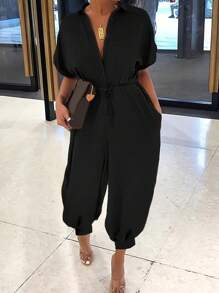 INAWLY Plus Size Summer Casual Solid Color Jumpsuit - Black - View 1