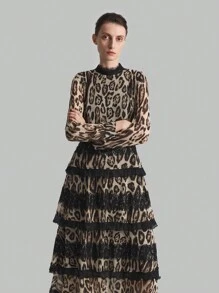 Ontre Vestido elegante de dama para cóctel de manga larga con mezcla de estampado de leopardo marrón y volantes de manga larga negra de gasa