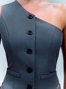 SHEIN Unity 女士前扣式不对称肩部仿口袋休闲背心 - 灰色 - 查看 7