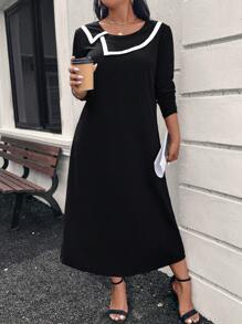 SHEIN LUNE Plus Size Black And White Contrast Trim Dress With Collar Winter Clothes - Black and White - View 3