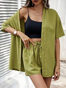 SHEIN LUNE 女士夏季纯色落肩和服开衫和系腰带短裤休闲 2 件套 - 芥末黃 - 查看 3