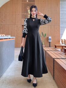 FRIFUL Women's Floral Print Bubble Sleeve Keyhole Neck Elegant Dress,Fall Dress Long Sleeve Dress