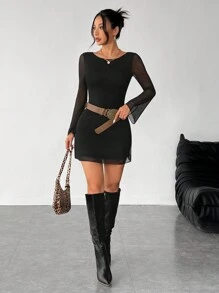 SHEIN PETITE 女士黑色新款性感露背长款喇叭袖网纱连衣裙初秋款