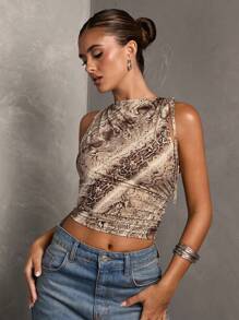 SHEIN BAE Débardeur simple et casual en coton avec cordon de serrage, imprimé peau de serpent marron pour femmes
