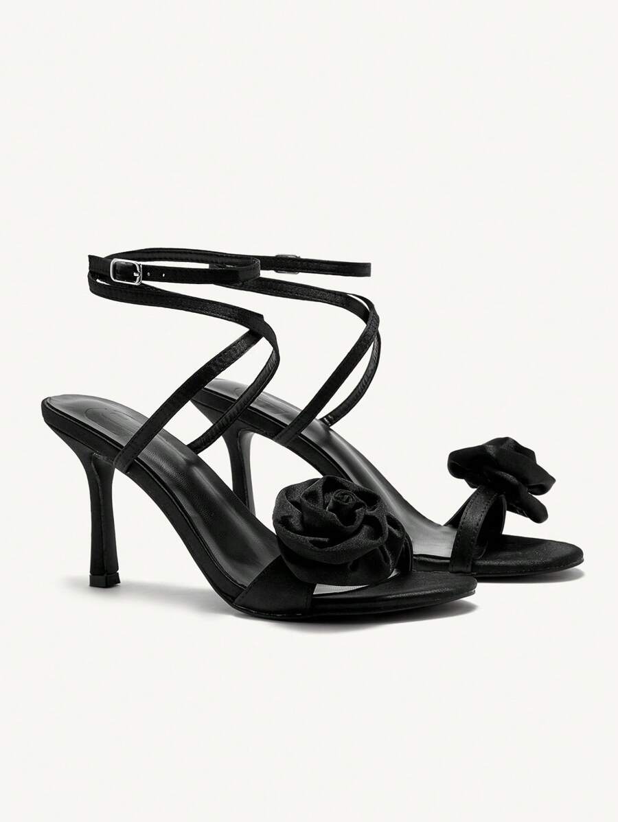 CUCCOO CHICEST Apricot Peach Rose Flower Pattern Round Toe Slim High Heel Women's High Heel Sandals Spring Shoes Spring Break Easter Prom Heels